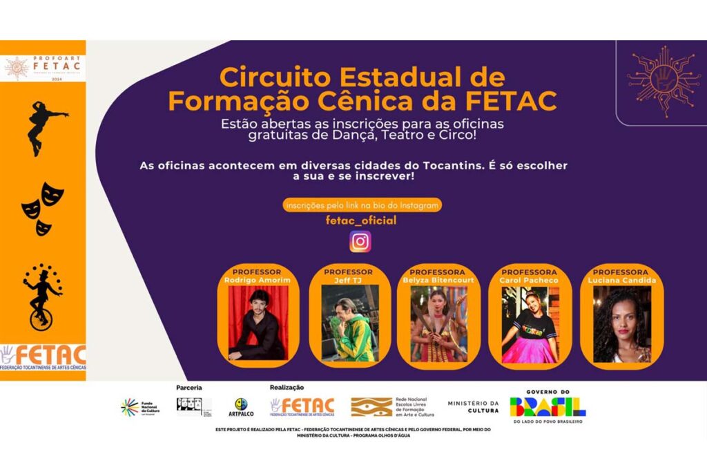 Circuito de Formação Cênica oferta oficinas gratuitas de Teatro, Dança e Circo no Tocantins