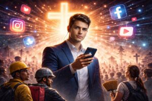 Arte ilustrativa sobre o uso de redes sociais, religião e algoritmo por Nikolas Ferreira na política brasileira.