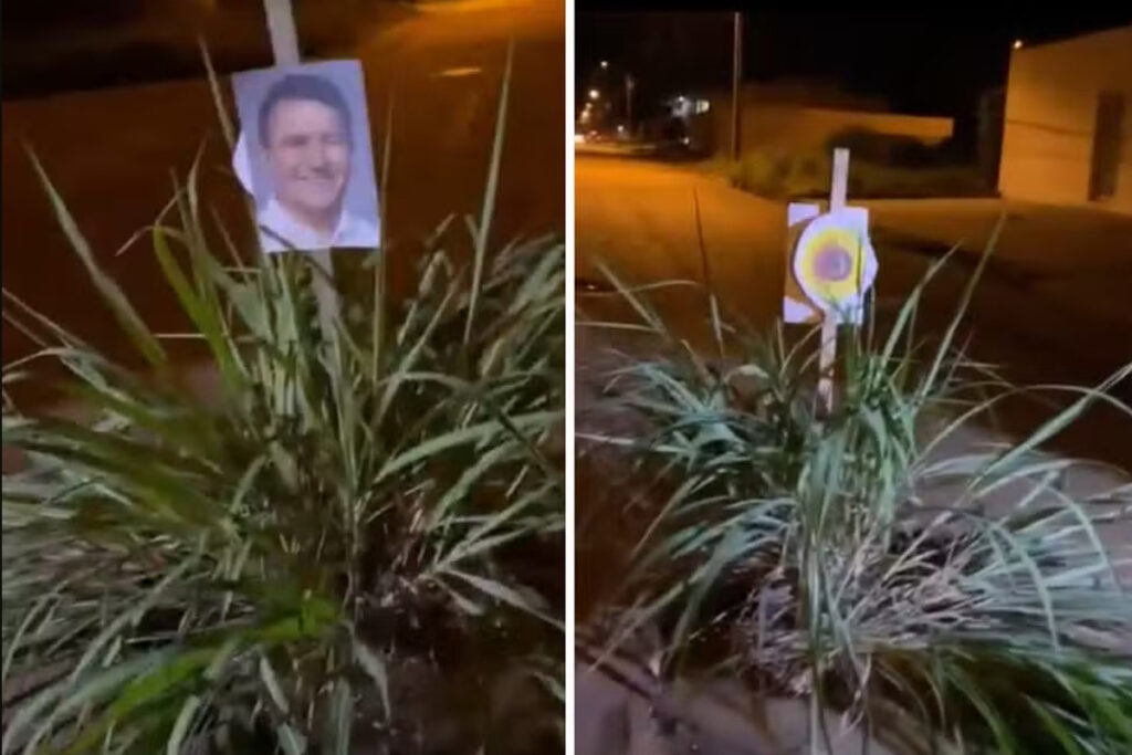 Moradores usam foto do prefeito em buraco para protestar por asfalto em rua de Palmas