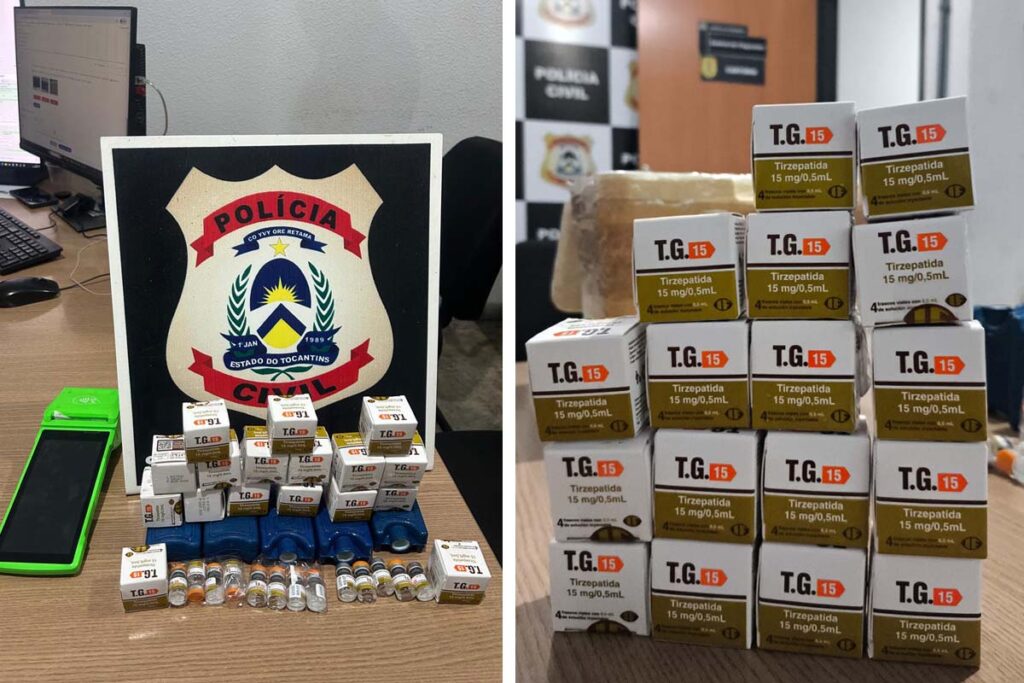 Caixas de medicamentos para emagrecimento apreendidas pela Polícia Civil em Paraíso do Tocantins