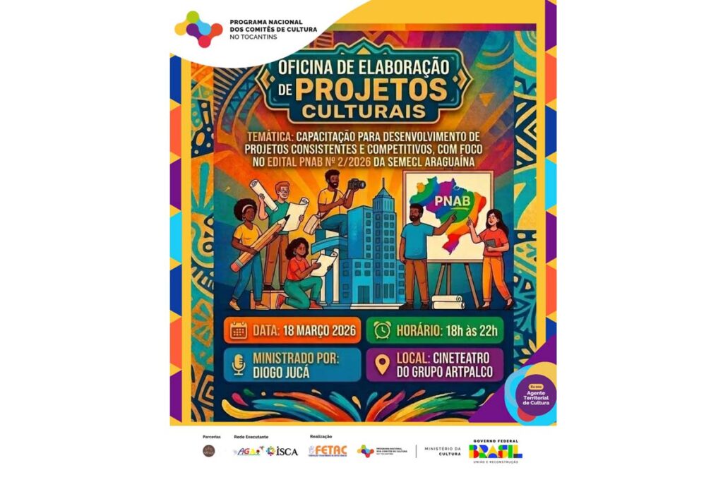 Oficina gratuita em Araguaína ensina como elaborar projetos culturais e acessar recursos da Lei Aldir Blanc